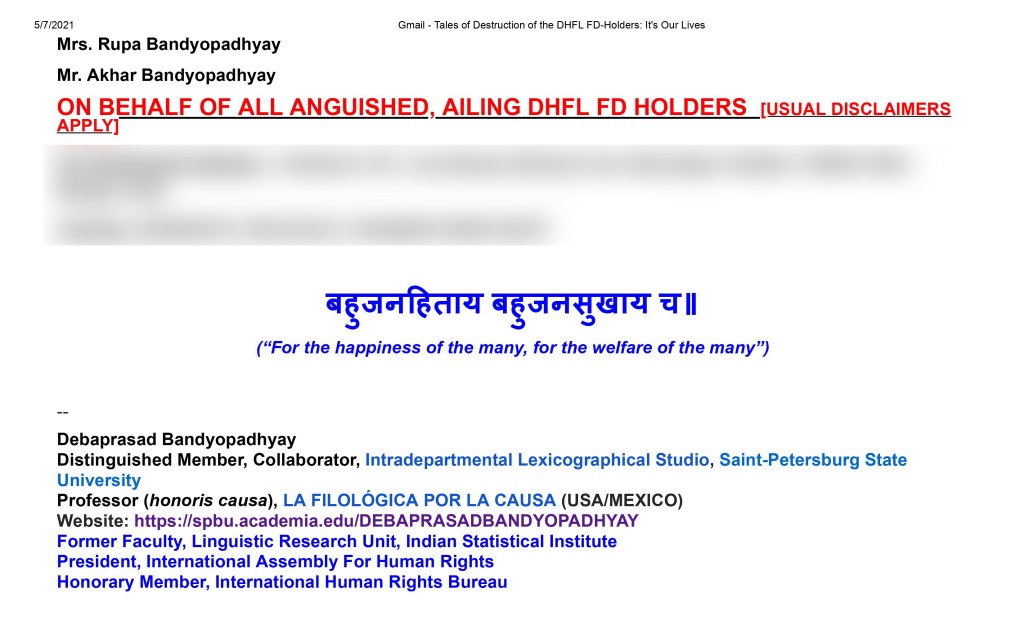 Tales of Destruction of the DHFL FDHolders It’s Our Lives a letter