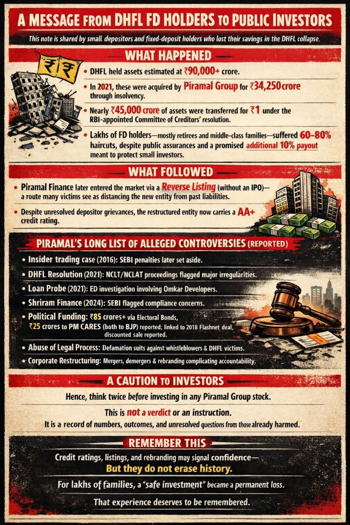 Despite glowing CRISIL AA+/Stable ratings, Piramal Finance’s strength is an illusion built on conflicted issuer-paid ratings, legacy DHFL fraud asymmetries (₹45,000 Cr recoveries valued at Re 1, massive retail haircuts), governance controversies, political proximity, and a backdoor listing that bypassed scrutiny. High ratings enable cheap funding and retail mobilisation—while systematically ignoring forensic risks, related-party issues, and resolution inequities seen in IL&FS, Yes Bank, DHFL. This is systemic: manufactured trust, socialised losses, privatised gains. Ratings are opinions, not guarantees. Demand truth before investing.